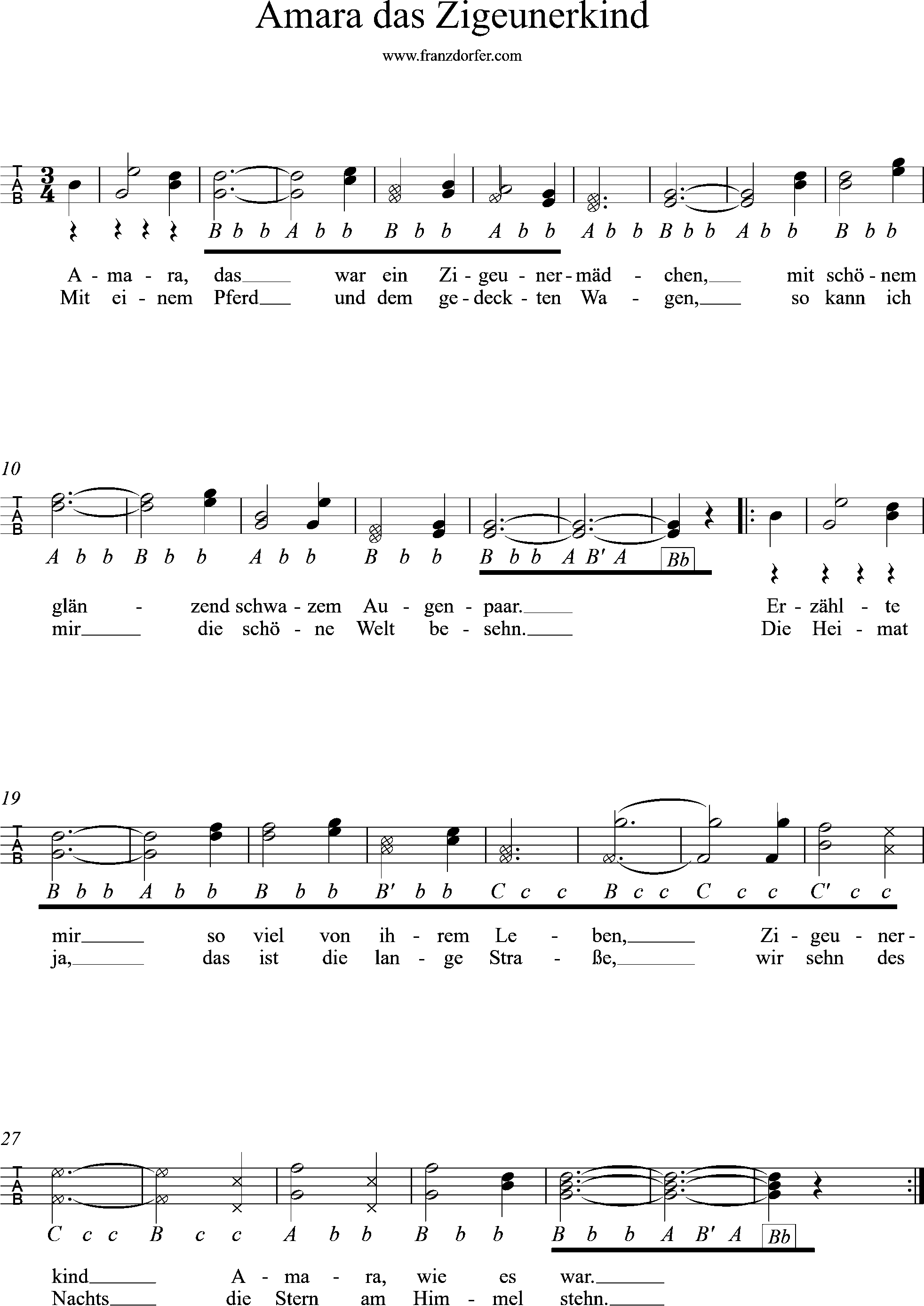 Ziach noten, Griffschrift, Amara das Zigeunerkind